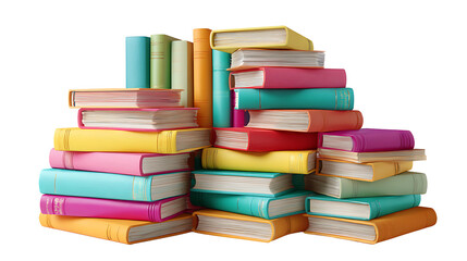 Pile of colorful books stacked randomly, isolated on a white background.