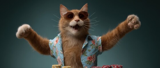 Excited ginger cat wearing hawaiian shirt celebrating with poker chips