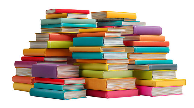 Pile of colorful books stacked randomly, isolated on a white background.