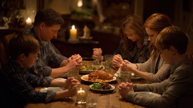 Family praying at a wooden table, warm lighting