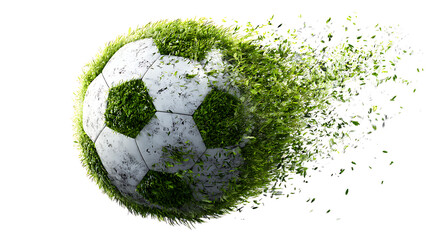 Soccer ball with grass fragments in motion, isolated on a white background.