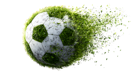 Soccer ball with grass fragments in motion, isolated on a white background.