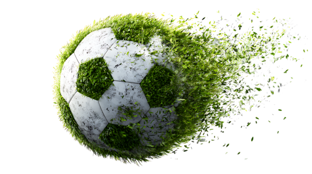 Soccer ball with grass fragments in motion, isolated on a white background.