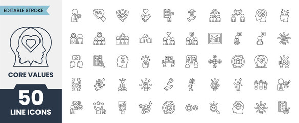 Core Values line icon set. Containing integrity, quality, innovation, goals, responsibility, reliability, commitment, teamwork and more. Vector illustration