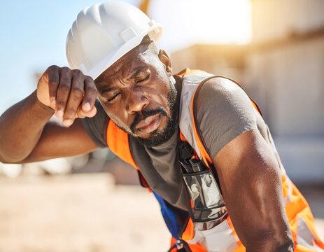 A black construction worker experiencing heatstroke, sweating with a hand on his forehead, blurred construction site background  