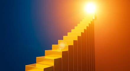 Fototapeta premium Staircase leading toward a bright glowing light symbolizes professional career growth, reaching new personal goals, and achieving success.