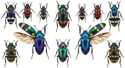 Collection of colorful beetles isolated on white background