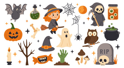 Halloween set of canned eyeballs, bat, magic potion, witch, mushrooms, witch hat, candy with teeth, zombie hand, candle, skeleton, pumpkin, gravestone, spider, cauldron, owl, spider, web. For children