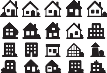 Collection of black house and building icons home black and white