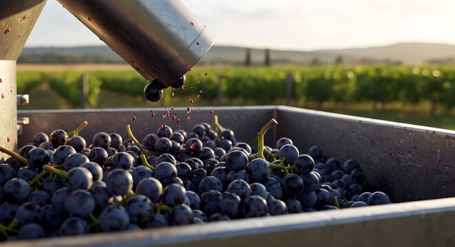 Grapes being harvested by industrial machinery at a vineyard represent the essential agricultural process of gathering fresh fruit for wine production.
