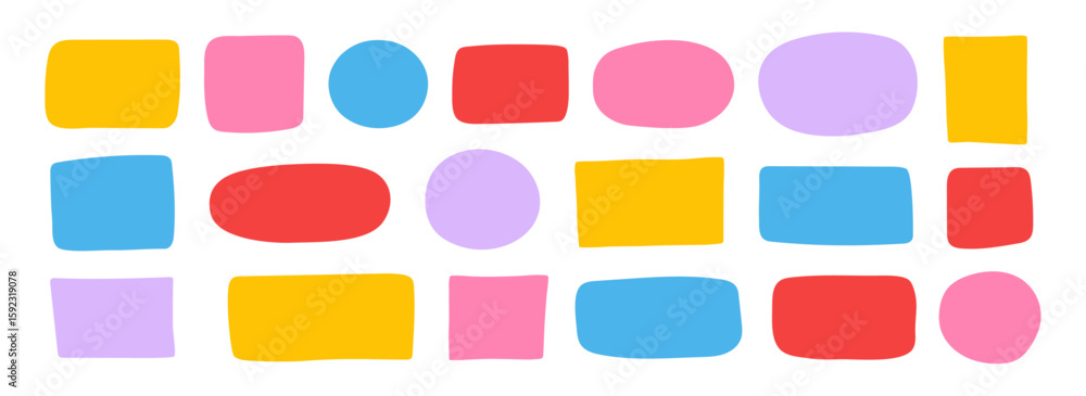 Poster set of colorful abstract hand-drawn geometric shapes. irregular circle, oval, rectangle text boxes o