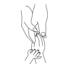 Minimalist line art showing three hands: adult, child, and baby hands touching gently. Symbolizes family love, care, protection, support, and unity.