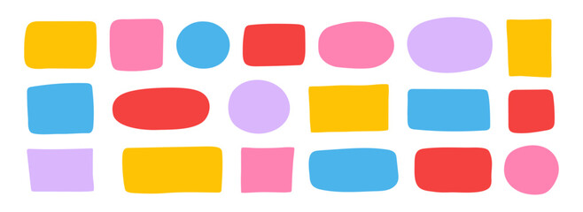 Set of colorful abstract hand-drawn geometric shapes. Irregular circle, oval, rectangle text boxes on white background.