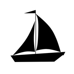 Black silhouette of a sailboat with a tall mast and large sails. Bold, minimalist nautical icon perfect for marine, travel, adventure, and coastal designs.