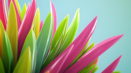 Vibrant, stylized blades of grass in a mix of bright pink, lime green, and teal, with a soft pastel background.  Close-up view showcasing the pointed, overlapping leaves