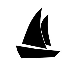 Black silhouette of a sailboat with two sails. Simple and bold nautical icon perfect for marine, travel, adventure, or coastal design projects.