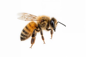 Detailed honeybee flying with visible wing structure and markings on clean background for nature documentary and environmental science materials

