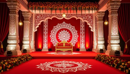 Traditional Bengali stage with red and white floral patterns, alpana artwork, and shankha decor