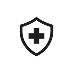 Obraz premium Black shield with a medical cross symbol isolated on white background