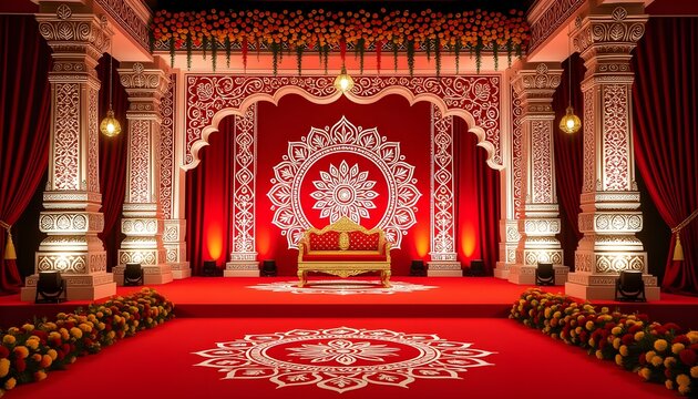 Traditional Bengali stage with red and white floral patterns, alpana artwork, and shankha decor