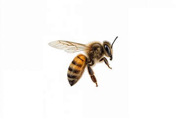 Flying honeybee isolated on white background showing wing detail and anatomy for entomology science education and environmental awareness
