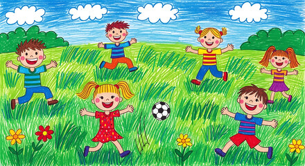 Children playing soccer and running in green grass field Child's crayon drawing of children playing ball on a grassy field Naive child’s drawing made with wax crayons