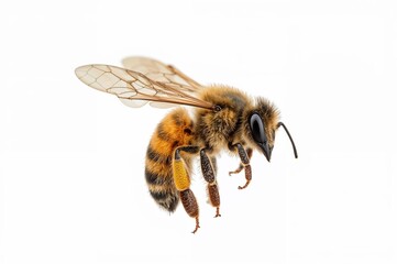 Honey bee in flight with detailed wings and body against white background for nature wildlife and pollinator conservation education concept
