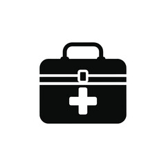 Black medical first aid kit icon with a white cross isolated on a white background