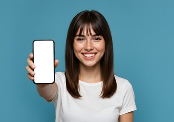 A smiling woman with bangs holding a smartphone with a blank white screen against a blue background