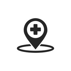Black medical cross location pin icon isolated on white background