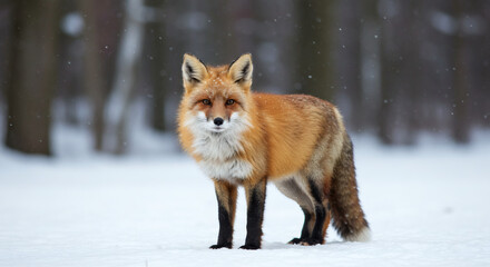 Obraz premium Majestic Red Fox Standing Alert in a Serene Snowy Winter Forest with Falling Snowflakes