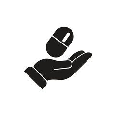 Black icon of a hand holding a pill isolated on a white background
