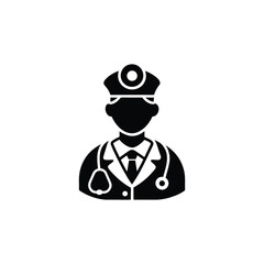 Stylized black silhouette of a doctor with a stethoscope isolated on a white background