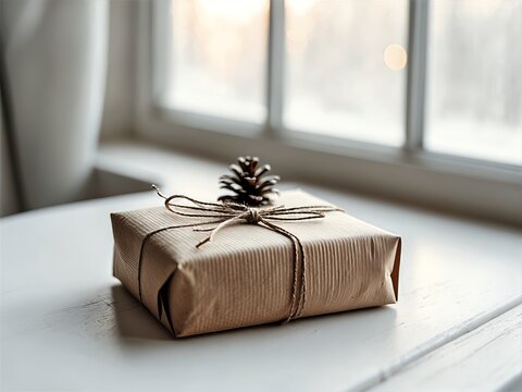 Kraft paper gift box with twine and pinecone on white windowsill