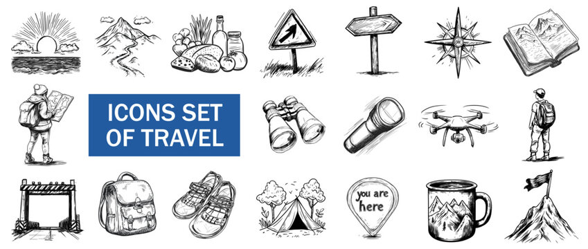 Travel vector icon set in sketch style