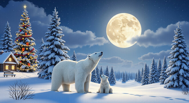 Polar bears howling under full moon in snowy winter landscape - Powered by Adobe