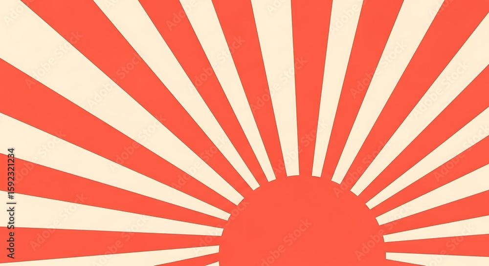 Poster graphic design featuring a rising sun motif with red rays emanating from a semi-circular shape again