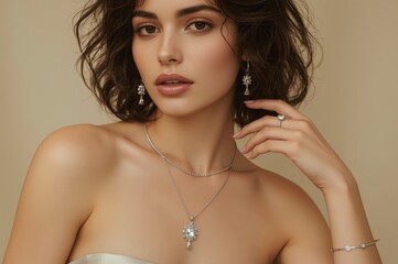 Beautiful female face with perfect skin and elegant necklaces studio beauty photography for high end fashion and jewelry marketing materials
