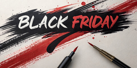 Black Friday typography art with expressive red and black brush strokes  