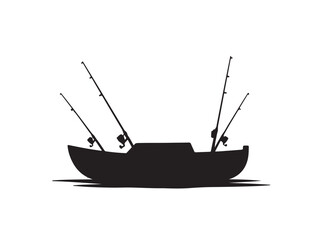 Silhouette of a sailboat converted for fishing, with sails down and rods set up
