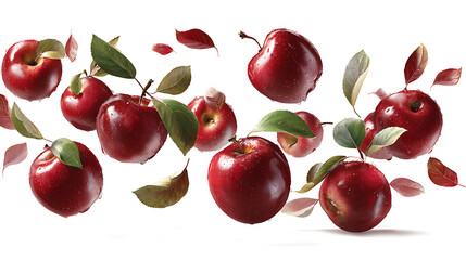 Falling red apples with leaves and motion trail, isolated on a white background.