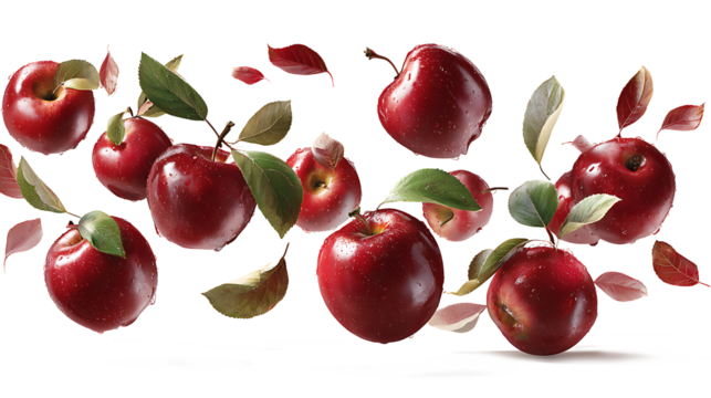 Falling red apples with leaves and motion trail, isolated on a white background.