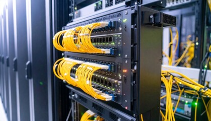 Fiber optic transceiver with yellow cable connected to server rack. LED indicators glowing, modern cable management and clean industrial layout.