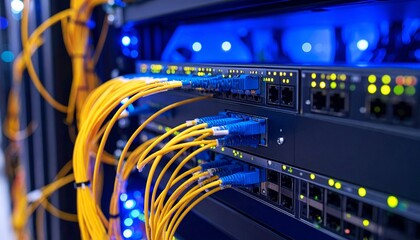 Fiber optic transceiver with yellow cable connected to server rack. LED indicators glowing, modern cable management and clean industrial layout.