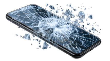 Falling smartphone with cracked screen in mid-air, isolated on a white background