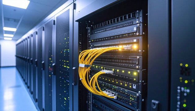 Fiber optic transceiver with yellow cable connected to server rack. LED indicators glowing, modern cable management and clean industrial layout.