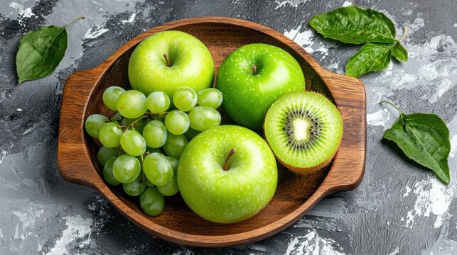 Fresh green apples, grapes, and kiwi on a wooden plate with vibrant natural elements