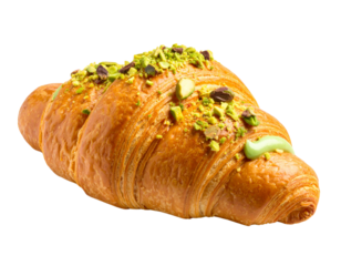 Pistachio cream croissant with chopped nuts on transparent background