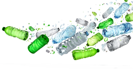 Falling plastic bottles and waste items, environmental concept, isolated on a white background