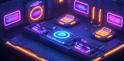 Obraz premium Futuristic Virtual Reality Gaming Room with Neon Lights and Digital Interfaces